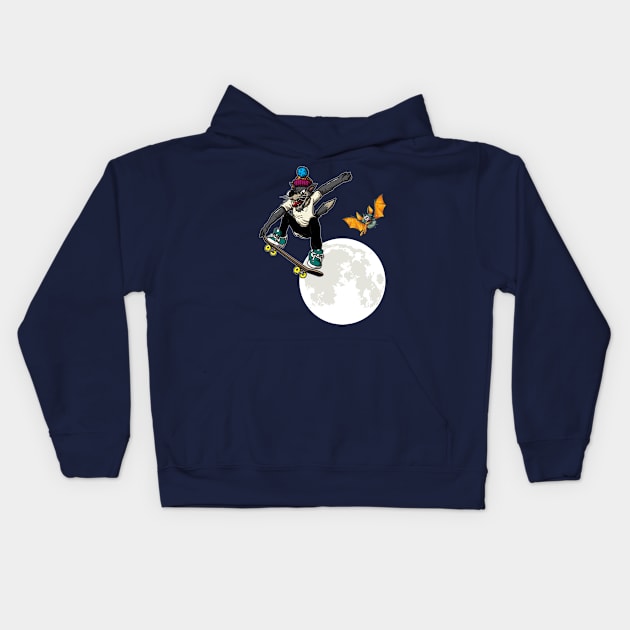 Skateboarding Wolf Over the Moon Bat Kids Hoodie by letnothingstopyou